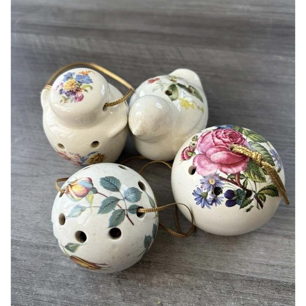 VTG Set of 4 Ceramic Pomander Balls Bird Urn English Floral Potpourri Ornaments